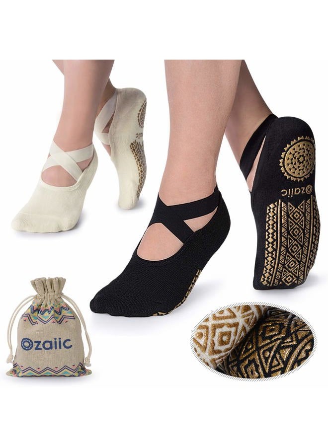 Ozaiic Yoga Socks for Women Non-Slip Grips & Straps, Ideal for Pilates, Pure Barre, Ballet, Dance, Barefoot Workout (2 Pairs- Black/Beige（1st Anniversary edition）, one_size) - Image 1