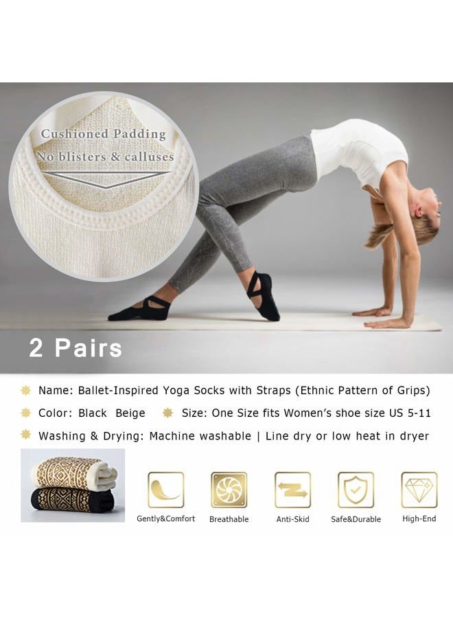 Ozaiic Yoga Socks for Women Non-Slip Grips & Straps, Ideal for Pilates, Pure Barre, Ballet, Dance, Barefoot Workout (2 Pairs- Black/Beige（1st Anniversary edition）, one_size) - Image 5