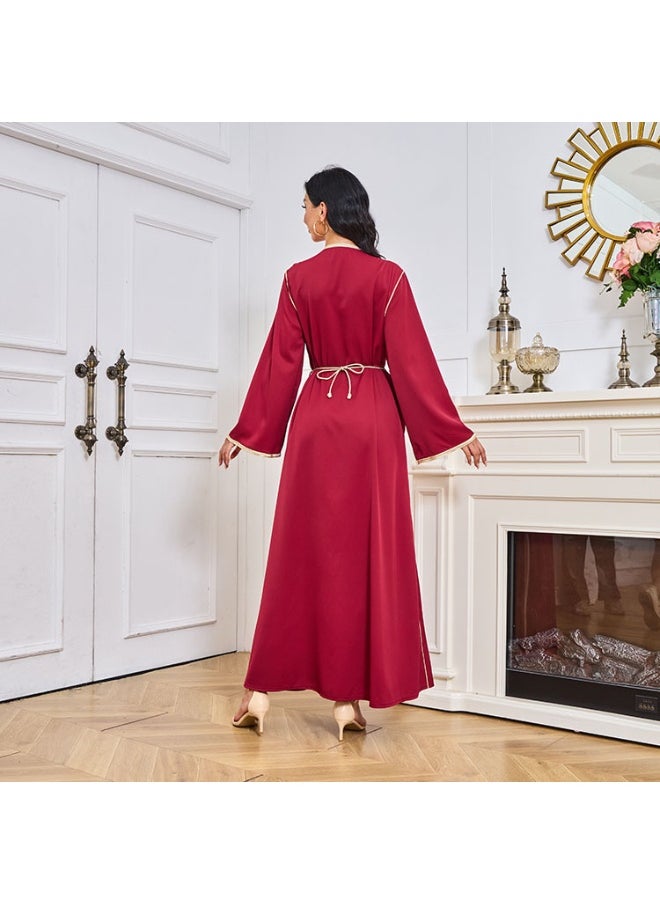 Madam Uniq Red V-Neck Long Sleeve Sequin Embroidered Women's Kaftan Dress with Belt  - Image 2