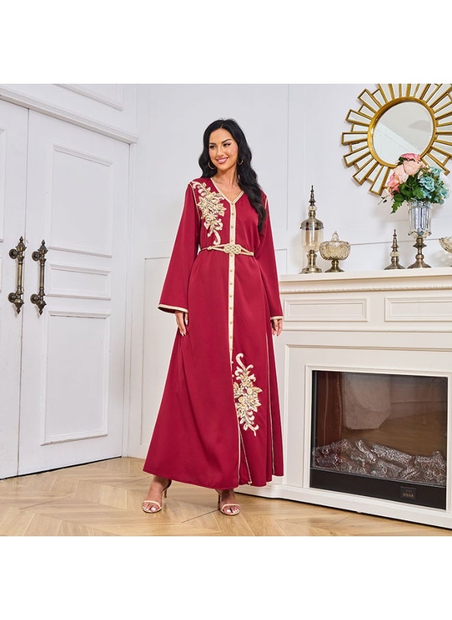 Madam Uniq Red V-Neck Long Sleeve Sequin Embroidered Women's Kaftan Dress with Belt  - Image 3