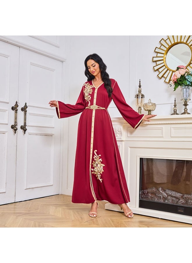 Madam Uniq Red V-Neck Long Sleeve Sequin Embroidered Women's Kaftan Dress with Belt  - Image 4