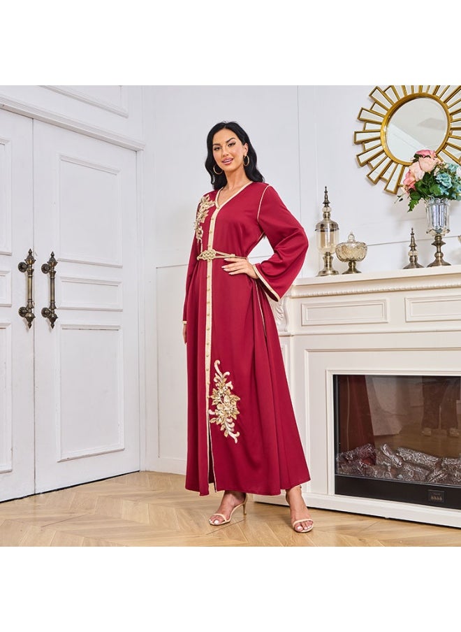 Madam Uniq Red V-Neck Long Sleeve Sequin Embroidered Women's Kaftan Dress with Belt  - Image 5