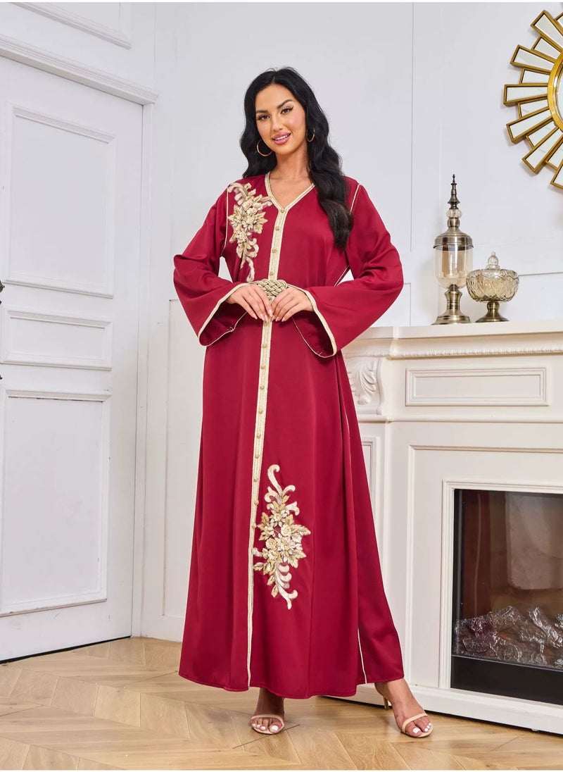 Madam Uniq Red V-Neck Long Sleeve Sequin Embroidered Women's Kaftan Dress with Belt  - Image 1