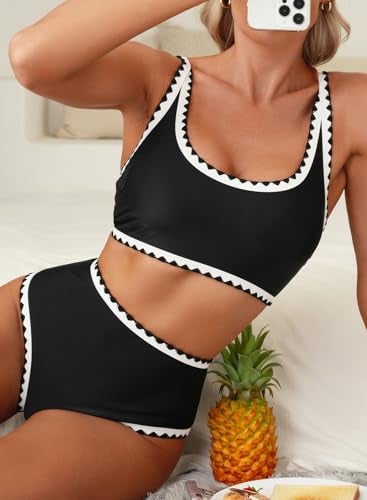 Herseas Women's Black Bikini Sets Shell Stitch 2 Piece Swimsuits High Waisted Scoop Bathing Suits Padded Resort Cruise Outfits Medium - Image 4