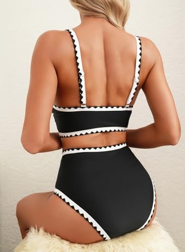 Herseas Women's Black Bikini Sets Shell Stitch 2 Piece Swimsuits High Waisted Scoop Bathing Suits Padded Resort Cruise Outfits Medium - Image 2