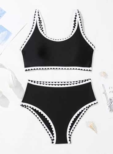 Herseas Women's Black Bikini Sets Shell Stitch 2 Piece Swimsuits High Waisted Scoop Bathing Suits Padded Resort Cruise Outfits Medium - Image 5