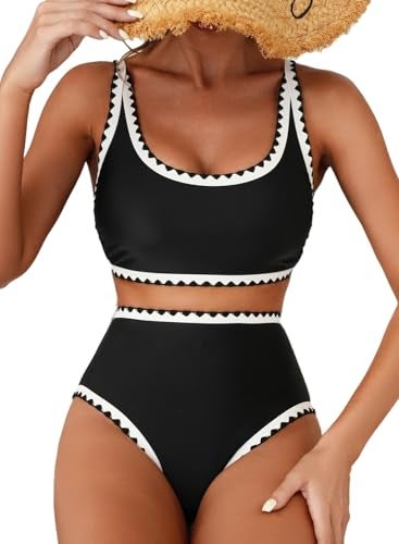 Herseas Women's Black Bikini Sets Shell Stitch 2 Piece Swimsuits High Waisted Scoop Bathing Suits Padded Resort Cruise Outfits Medium - Image 1