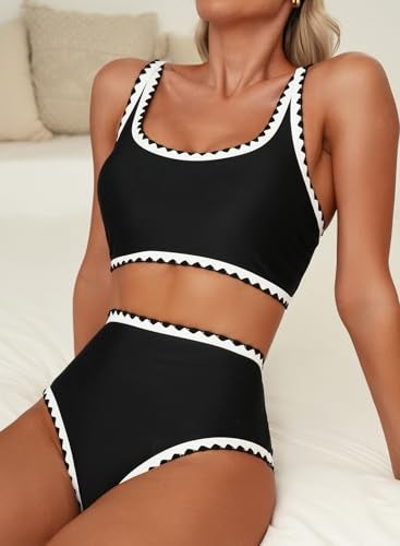 Herseas Women's Black Bikini Sets Shell Stitch 2 Piece Swimsuits High Waisted Scoop Bathing Suits Padded Resort Cruise Outfits Medium - Image 3