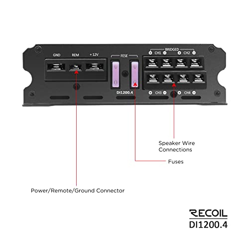 Recoil DI1200-4 Full-Range Class-D 4-Channel Car Audio Amplifier, 2,400 Watts, 2-4 Ohm Stable, MOSFET Power Supply, Bridgeable - Image 5