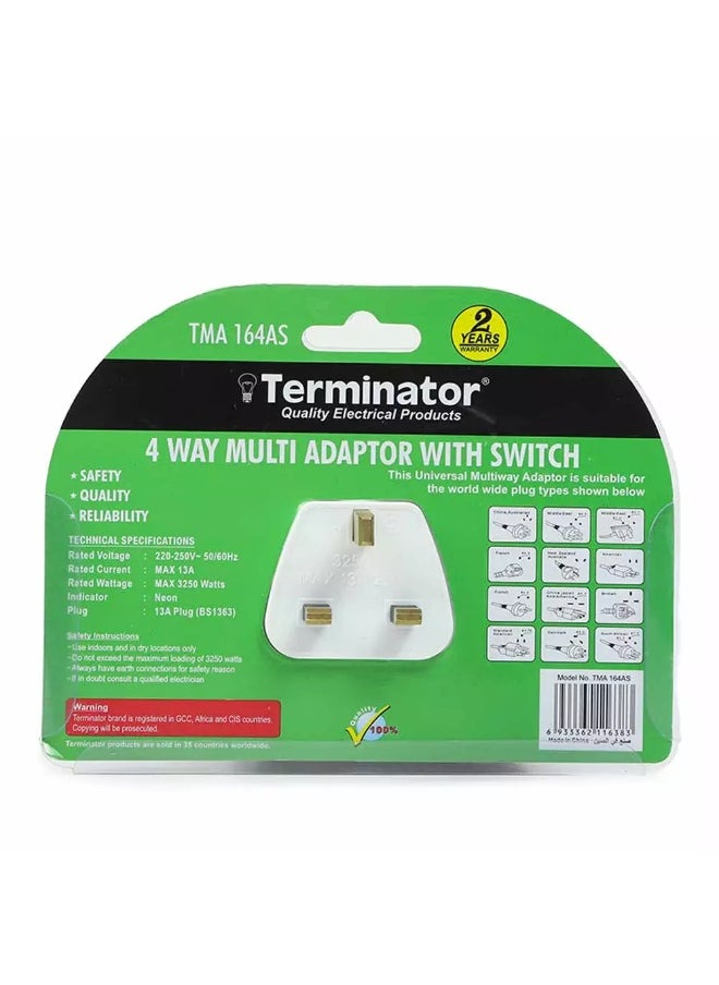 Terminator Terminator 4Ways Universal Adopter and Socket with Switch- White  - Image 4