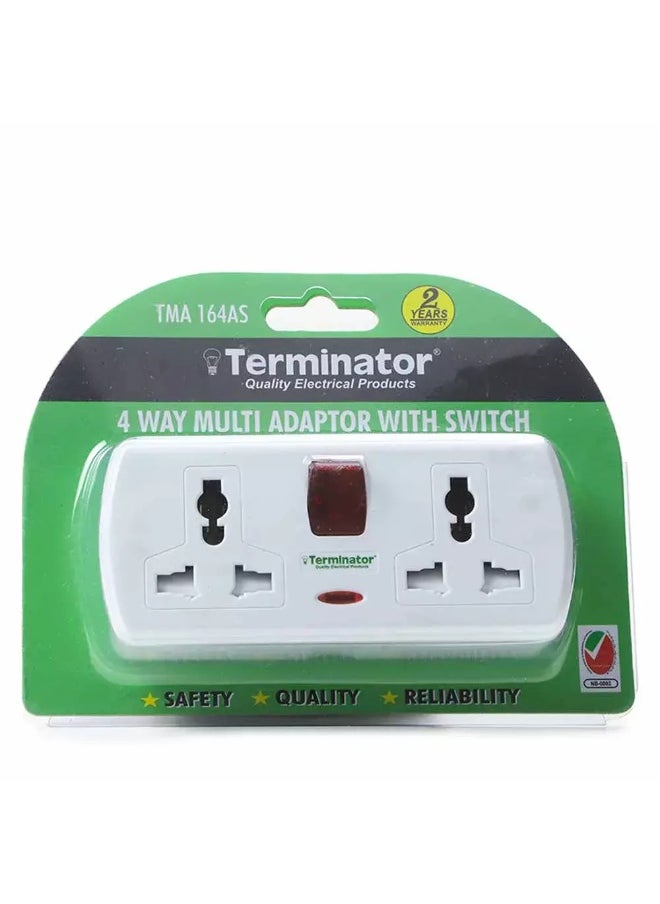 Terminator Terminator 4Ways Universal Adopter and Socket with Switch- White  - Image 3
