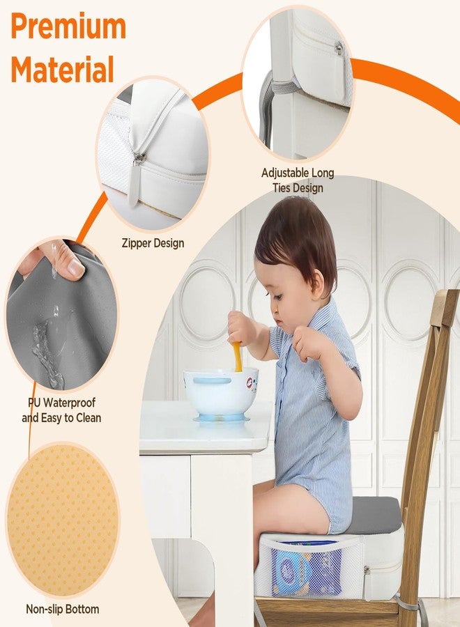 SMZCTYI Booster Seat for Kitchen Chair, 3.8" Toddler Booster Seats for Dining Table with Ties, PU Dining Chair Pads with Side Pockets, Non-Slip & Removable Booster Seat for Table Increasing Cushion (Grey) - Image 3