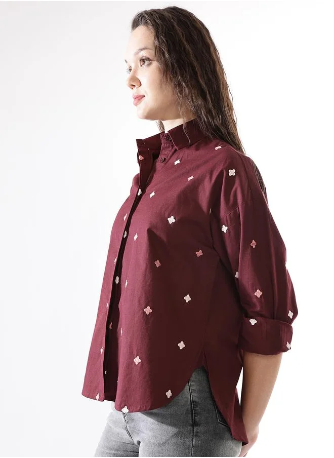 هاي ستار Oversized Wine Poplin Embroidered Long Sleeves Woven Button Down with Button Closure Regular Length Spread Collar Shirt Collar - Ideal for Casual - A Must-Have for Your Wardrobe!