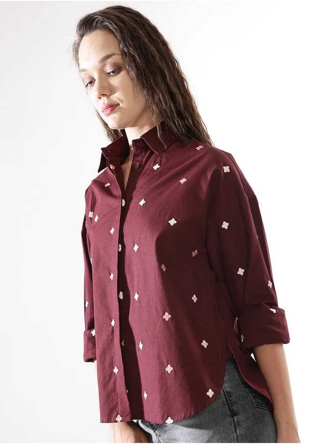 هاي ستار Oversized Wine Poplin Embroidered Long Sleeves Woven Button Down with Button Closure Regular Length Spread Collar Shirt Collar - Ideal for Casual - A Must-Have for Your Wardrobe!