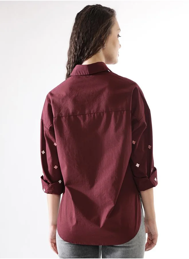هاي ستار Oversized Wine Poplin Embroidered Long Sleeves Woven Button Down with Button Closure Regular Length Spread Collar Shirt Collar - Ideal for Casual - A Must-Have for Your Wardrobe!