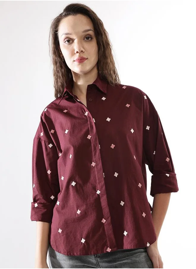 هاي ستار Oversized Wine Poplin Embroidered Long Sleeves Woven Button Down with Button Closure Regular Length Spread Collar Shirt Collar - Ideal for Casual - A Must-Have for Your Wardrobe!