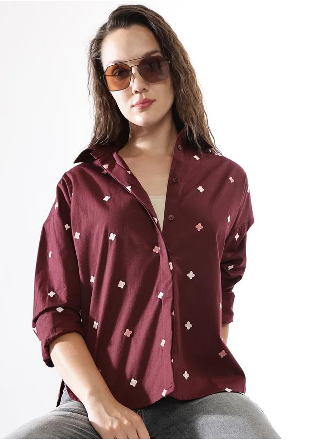 HIGH STAR Oversized Wine Poplin Embroidered Long Sleeves Woven Button Down with Button Closure Regular Length Spread Collar Shirt Collar - Ideal for Casual - A Must-Have for Your Wardrobe!