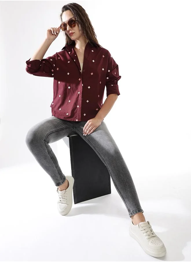 HIGH STAR Oversized Wine Poplin Embroidered Long Sleeves Woven Button Down with Button Closure Regular Length Spread Collar Shirt Collar - Ideal for Casual - A Must-Have for Your Wardrobe!