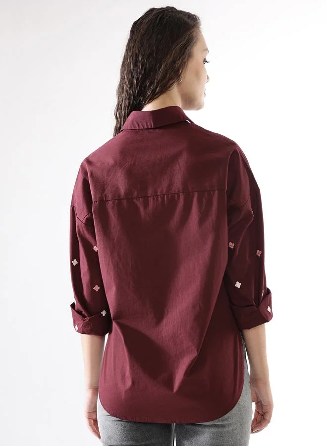 HIGH STAR Women's Wine Poplin Embroidered Button Down Oversized Shirt