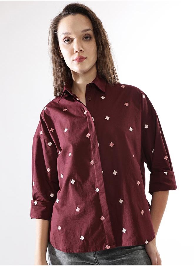 HIGH STAR Women Cotton Embroidered Oversized Casual Shirt  - Image 5