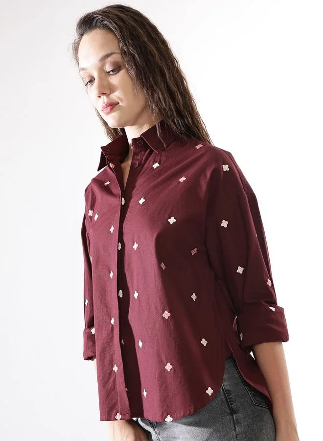 HIGH STAR Women's Wine Poplin Embroidered Button Down Oversized Shirt