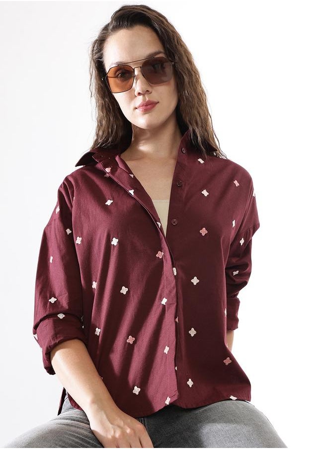 HIGH STAR Women Cotton Embroidered Oversized Casual Shirt  - Image 1