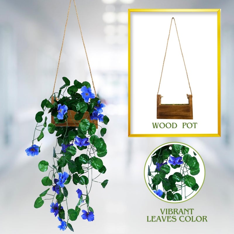 DecoreBugs Plastic Presents: Artificial Flowers With Wooden Pot, Hanging Plants, Leaves, And Creepers For Living Room Decoration, Home Decor And Beautify Your Wall (Blue)(Height 40 Cm) - Image 3