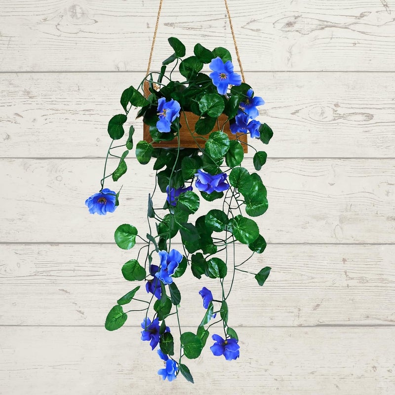DecoreBugs Plastic Presents: Artificial Flowers With Wooden Pot, Hanging Plants, Leaves, And Creepers For Living Room Decoration, Home Decor And Beautify Your Wall (Blue)(Height 40 Cm) - Image 1