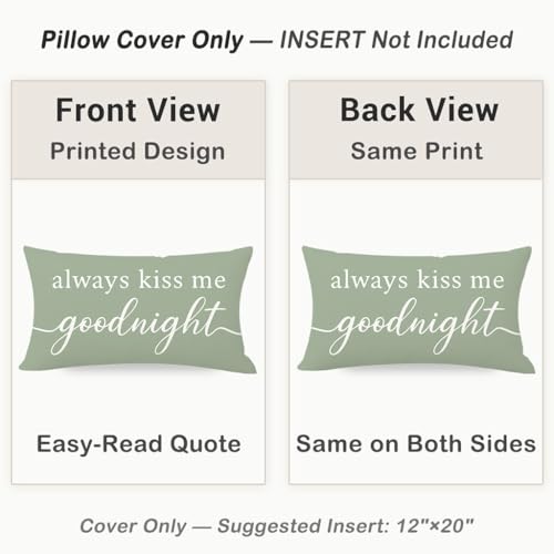 HERHOME Decorative Throw Pillow Cover 12x20 Inch, Always Kiss Me Goodnight Sage Green Lumbar Cushion Case for Bedroom Bed Sofa, Sweet Gifts for Couples Wedding Anniversary Spring Summer Home Decor - Image 3