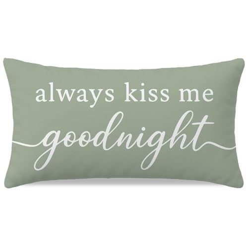 HERHOME Decorative Throw Pillow Cover 12x20 Inch, Always Kiss Me Goodnight Sage Green Lumbar Cushion Case for Bedroom Bed Sofa, Sweet Gifts for Couples Wedding Anniversary Spring Summer Home Decor - Image 1