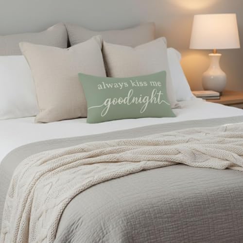 HERHOME Decorative Throw Pillow Cover 12x20 Inch, Always Kiss Me Goodnight Sage Green Lumbar Cushion Case for Bedroom Bed Sofa, Sweet Gifts for Couples Wedding Anniversary Spring Summer Home Decor - Image 2