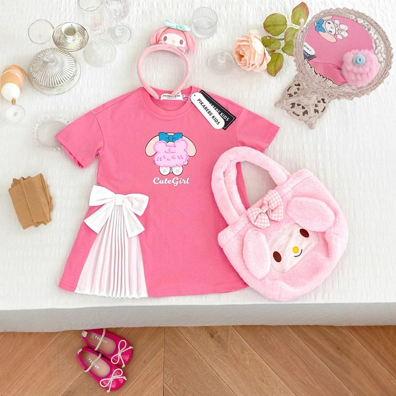 New Summer Girls Cartoon Cute dress T-Shirt Skirt Short-sleeved Childrens Princess Bow Skirt Rose powder skirt [879#]#]