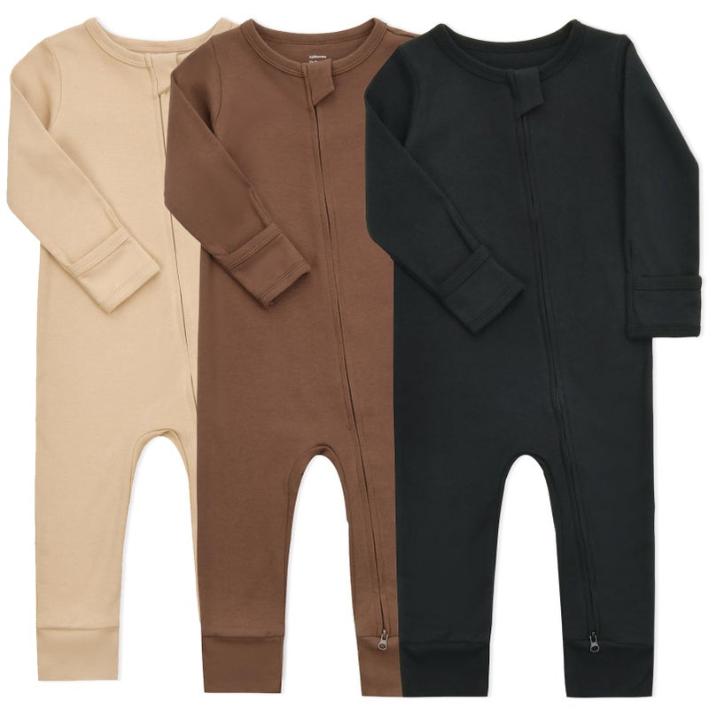 Aablexema Baby Cotton Footless Pajamas with Mitten, 3-pack Infant Romper Zip Up One Piece Jumpsuits Outfit(Black&Coffee&Camel,12-18m) - Image 1