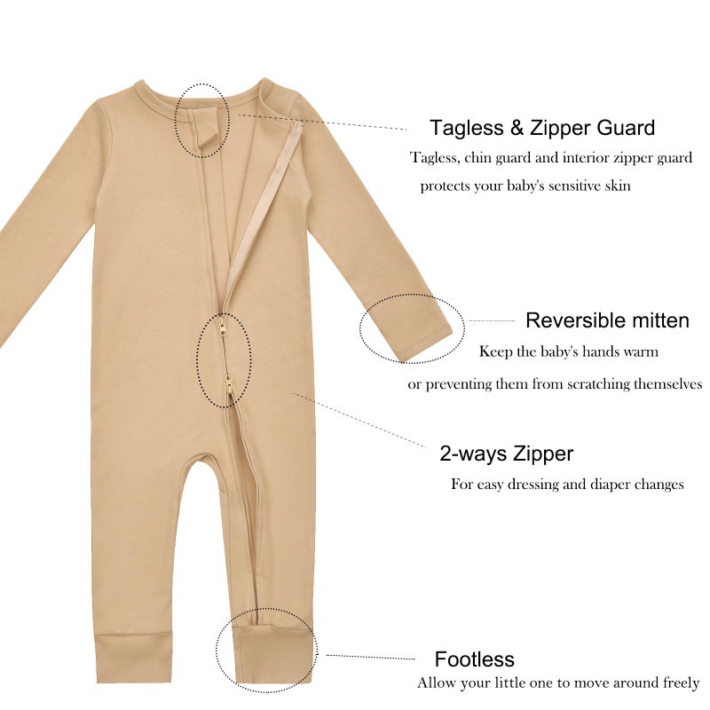 Aablexema Baby Cotton Footless Pajamas with Mitten, 3-pack Infant Romper Zip Up One Piece Jumpsuits Outfit(Black&Coffee&Camel,12-18m) - Image 3