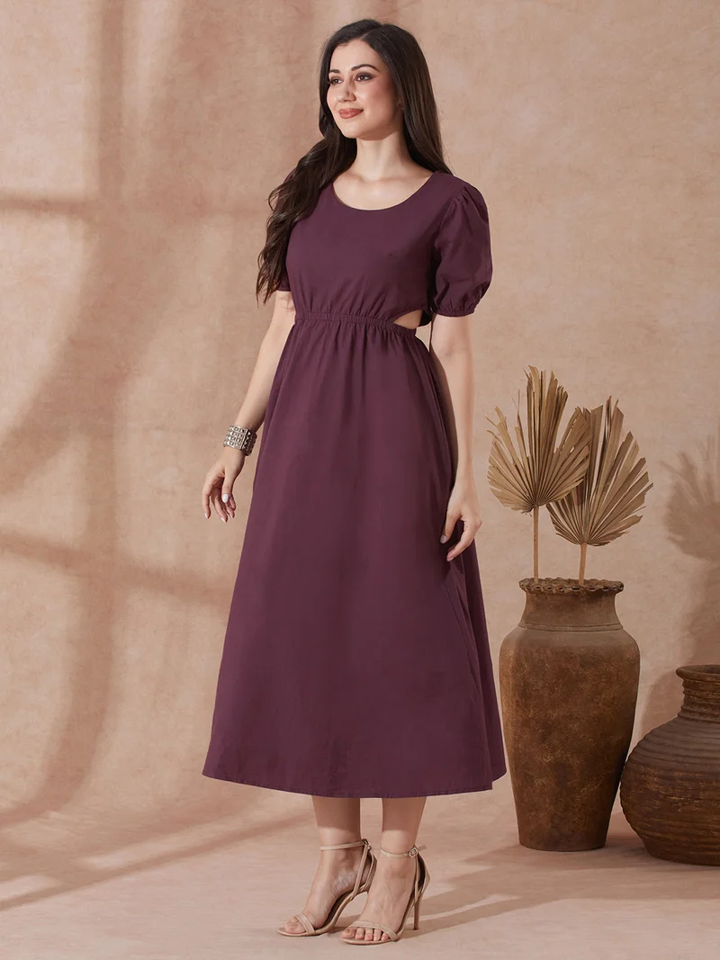 globus Globus Women Burgundy Round Neck Puff Sleeves Solid Cut Out Detail Fit & Flare Midi Resort Dress