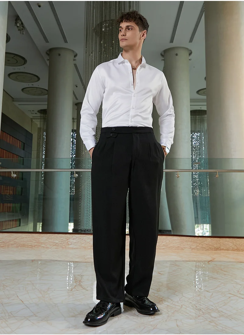Campus Sutra Men's Onyx Black Pleated Extended-Button Trousers