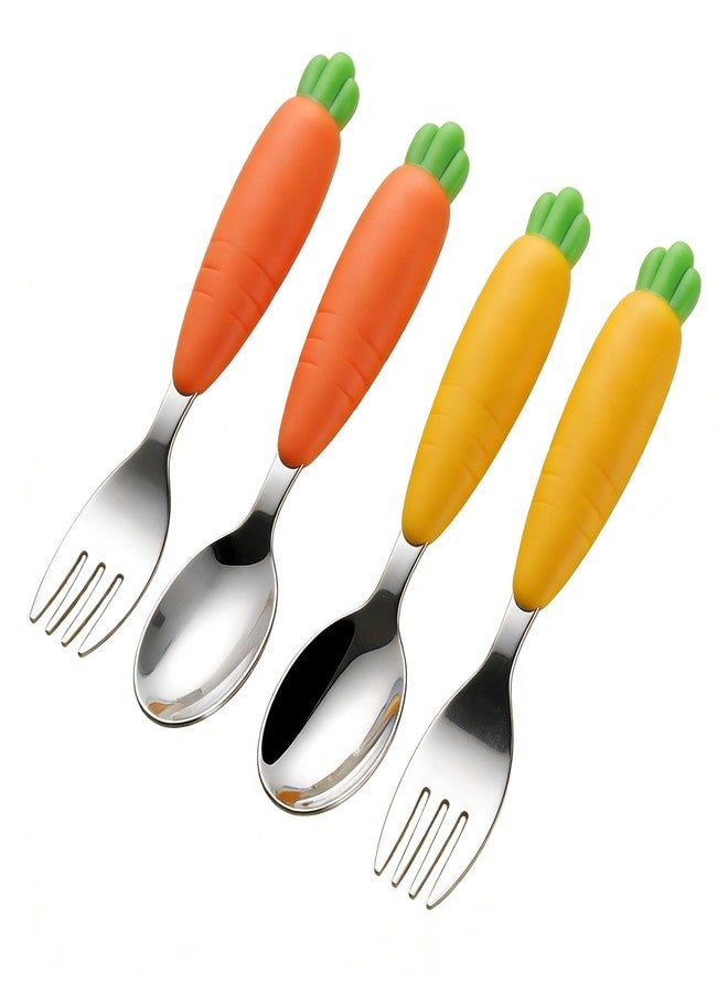 Ecrekhom Baby Toddler Fork and Spoon Utensil Set, 4 Pack Silicone Stainless Steel Spoon Fork for Babies Toddler (Carrot Set) - Image 1