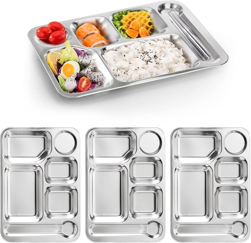 Fasmov 4 Pack Stainless Steel Rectangular Divided Dinner Tray, 6 Sections Stainless steel Metal Plate for Adults, Picky Eaters, Campers, and Portion Control - Image 1