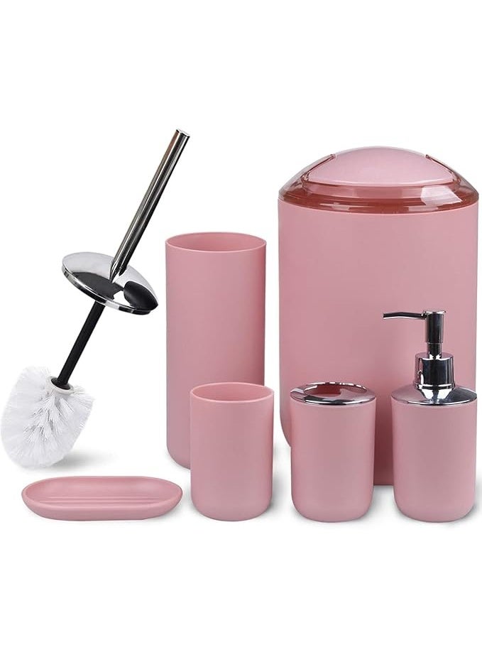 Bathroom Accessories Set 6 Piece Bath Ensemble Includes Soap Dispenser, Toothbrush Holder, Tumbler, Soap Dish for Decorative Countertop and Housewarming Gift (Pink) - Image 1