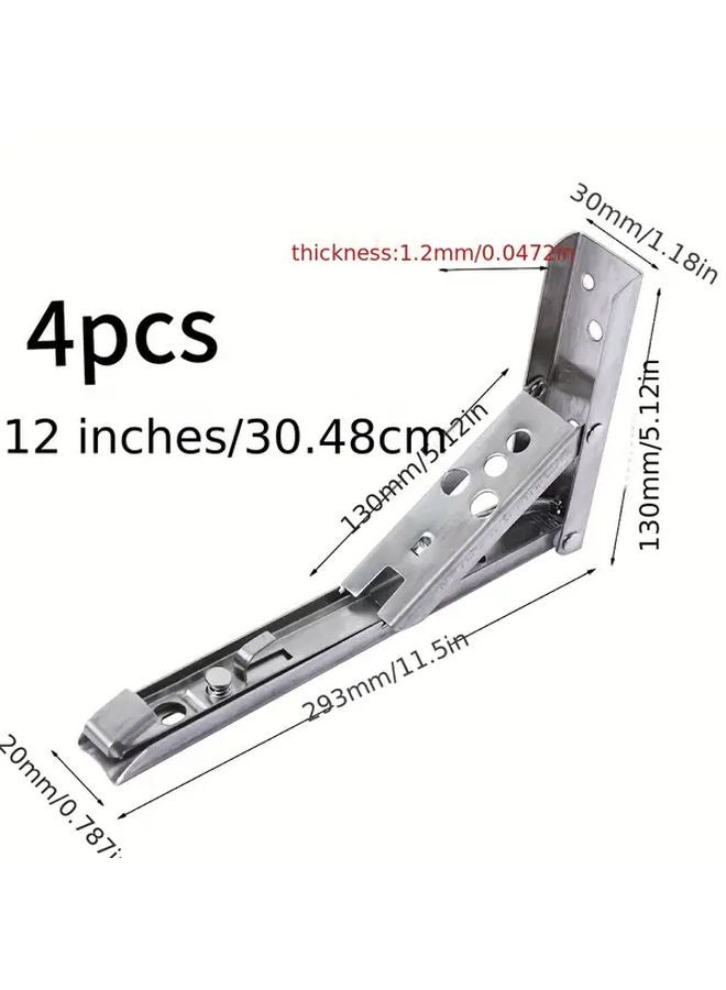 4pcs F Type 12 Inch Heavy Duty Stainless Steel Folding Shelf Brackets Adjustable Height - Image 1