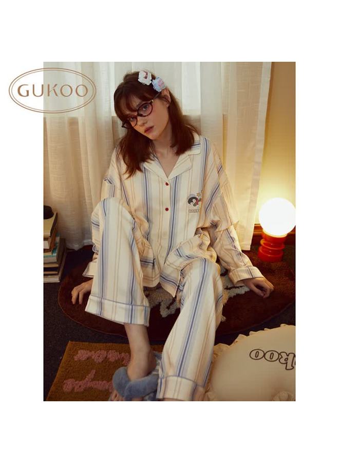 Gukoo Couple's Pajamas For Men And Women, Spring And Autumn New Style Pure Cotton Sleepwear Striped Lapel Ladies Loungewear Set Gray Blue Women Xs - Image 1
