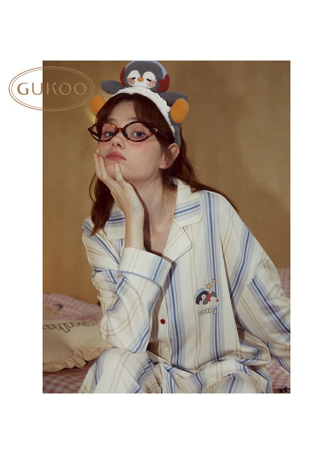 Gukoo Couple's Pajamas For Men And Women, Spring And Autumn New Style Pure Cotton Sleepwear Striped Lapel Ladies Loungewear Set Gray Blue Women Xs - Image 3