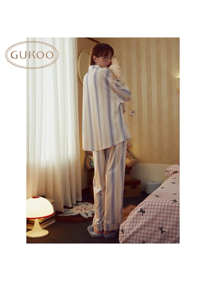 Gukoo Couple's Pajamas For Men And Women, Spring And Autumn New Style Pure Cotton Sleepwear Striped Lapel Ladies Loungewear Set Gray Blue Women Xs - Image 2