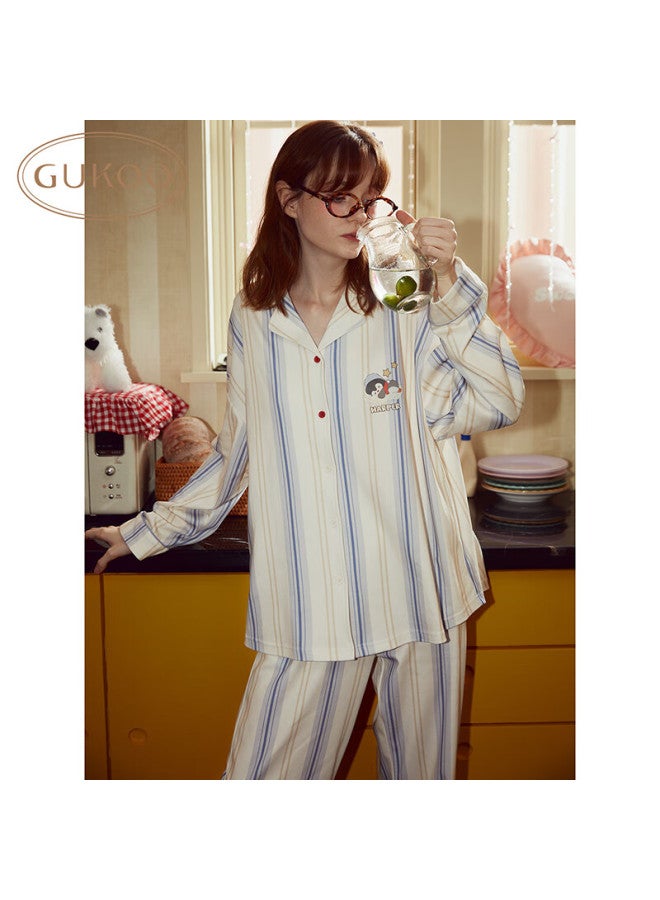 Gukoo Couple's Pajamas For Men And Women, Spring And Autumn New Style Pure Cotton Sleepwear Striped Lapel Ladies Loungewear Set Gray Blue Women Xs - Image 4
