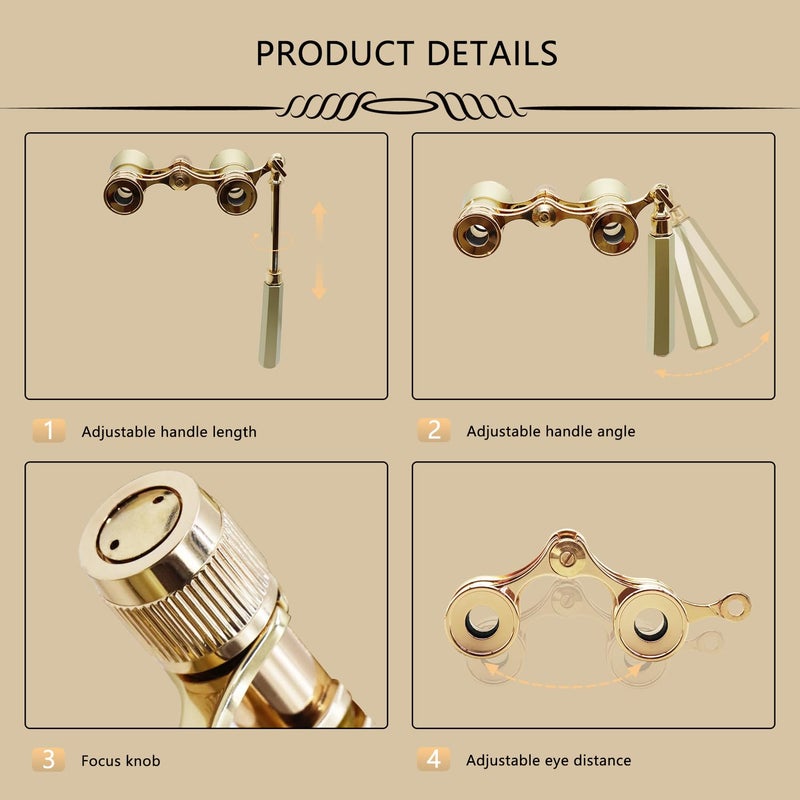 Black Ice BLACKICE Theater Binoculars, Opera Glasses for Women, 3X25 Mini Binocular Compact with Adjustable Handle for Adults Kids in Concert Theater Opera (Golden with Handle) - Image 2