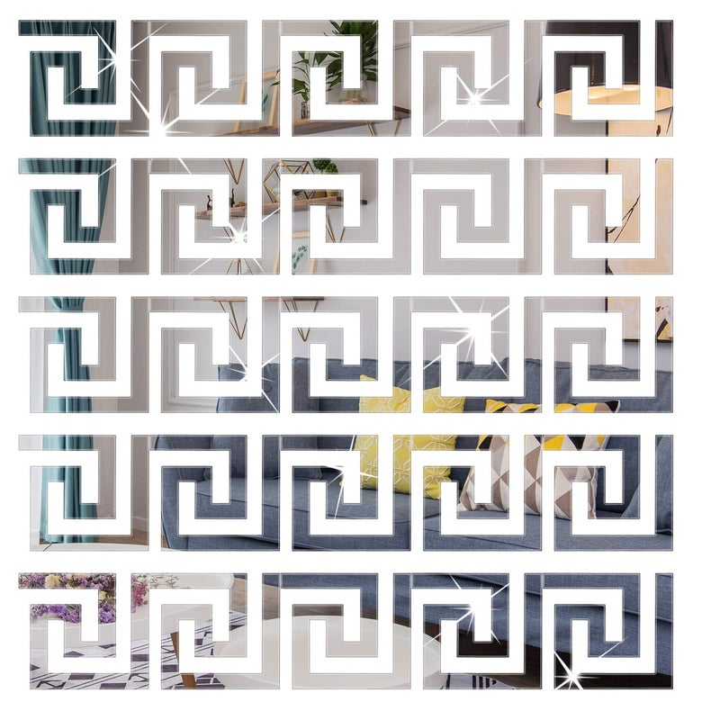 SelfTek 60Pcs DIY Mirror Stickers Removable Adhensive Wall Stickers Decals for Home Art Room Bedroom Background Decoration Geometric Greek Key Pattern