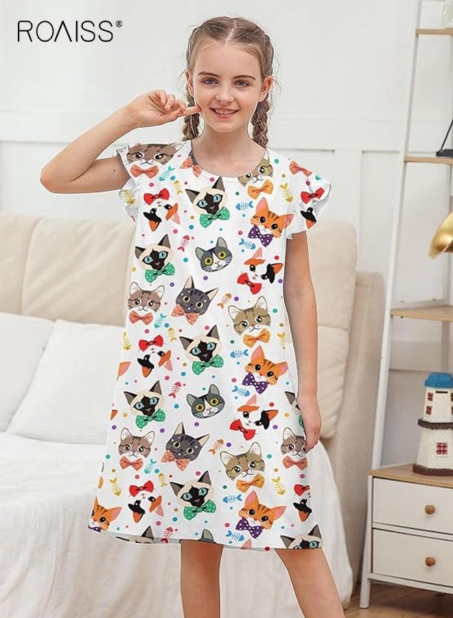 roaiss Girls Cartoon Nightdress, Adorable Comfortable Sleepshirts, Summer Dress with Vivid Cat Patterns, Breathable Sleeveless Nightgown, Cozy Pajama Dress for Girls, Perfect for Casual Sleepwear, Daily Wear and Home Wear - Image 1