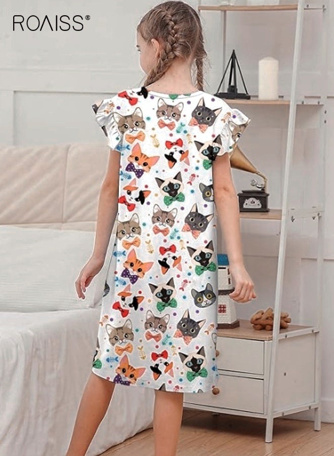 roaiss Girls Cartoon Nightdress, Adorable Comfortable Sleepshirts, Summer Dress with Vivid Cat Patterns, Breathable Sleeveless Nightgown, Cozy Pajama Dress for Girls, Perfect for Casual Sleepwear, Daily Wear and Home Wear - Image 5