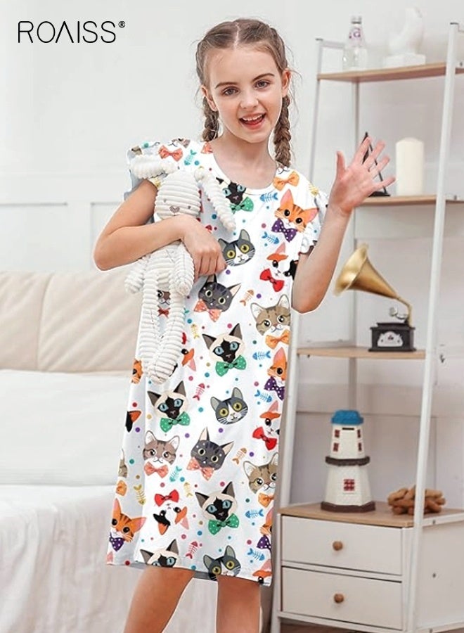 roaiss Girls Cartoon Nightdress, Adorable Comfortable Sleepshirts, Summer Dress with Vivid Cat Patterns, Breathable Sleeveless Nightgown, Cozy Pajama Dress for Girls, Perfect for Casual Sleepwear, Daily Wear and Home Wear - Image 4
