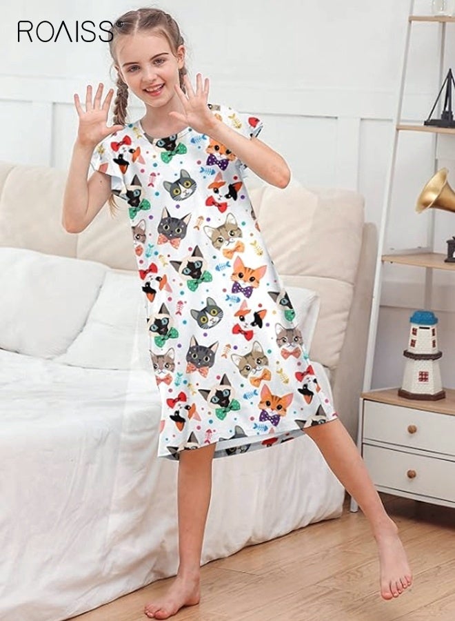roaiss Girls Cartoon Nightdress, Adorable Comfortable Sleepshirts, Summer Dress with Vivid Cat Patterns, Breathable Sleeveless Nightgown, Cozy Pajama Dress for Girls, Perfect for Casual Sleepwear, Daily Wear and Home Wear - Image 3